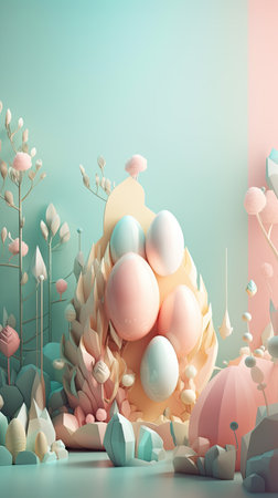 Modern futuristic Easter poster and banner template with Easter eggs on light background, Greetings for Easter Day. Generative AI contentの素材