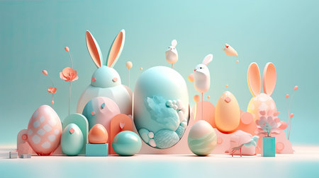 Modern futuristic Easter poster and banner template with Easter eggs on light background, Greetings for Easter Day. Generative AI contentの素材