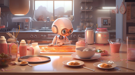 A futuristic robot prepares food in the kitchen. A modern innovation for the household. Generative AI contentの素材