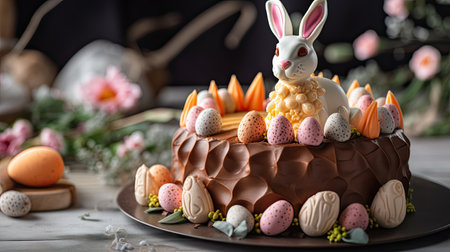 Homemsde Easter cake with rabbit ears. Easter poster and banner template with on light background, Greetings for Easter. Generative AI contentの素材