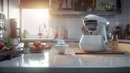 A futuristic robot prepares food in the kitchen. A modern innovation for the household. Generative AI contentの素材