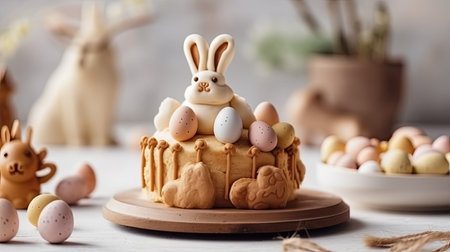 Homemsde Easter cake with rabbit ears. Easter poster and banner template with on light background, Greetings for Easter. Generative AI contentの素材