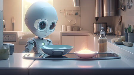 A futuristic robot prepares food in the kitchen. A modern innovation for the household. Generative AI contentの素材