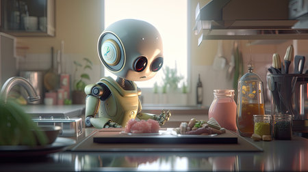 A futuristic robot prepares food in the kitchen. A modern innovation for the household. Generative AI contentの素材