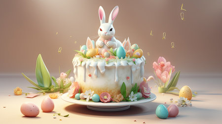 Homemsde Easter cake with rabbit ears. Easter poster and banner template with on light background, Greetings for Easter. Generative AI contentの素材