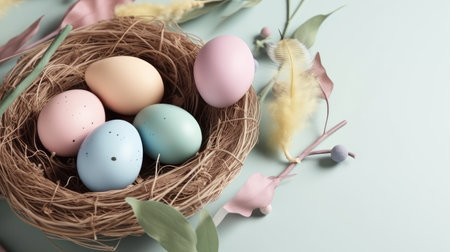 Easter poster and banner template with eggs in the nest on light background. Greetings and presents for Easter Day in flat lay styling. Promotion and shopping template for Easter. Generative AI contentの素材