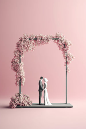 Wedding and event invitation design. Stylized  bride and groom character.  Romantic and pastel hues. Invitation, wedding, marriage, ceremoni. AI generativeの素材