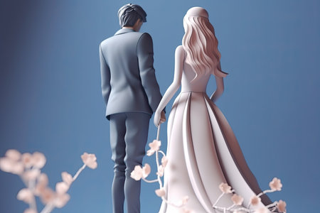 Wedding and event invitation design. Stylized  bride and groom character.  Romantic and pastel hues. Invitation, wedding, marriage, ceremoni. AI generativeの素材