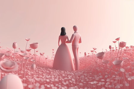 Wedding and event invitation design. Stylized  bride and groom character.  Romantic and pastel hues. Invitation, wedding, marriage, ceremoni. AI generativeの素材