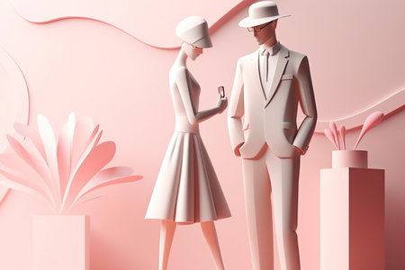 Wedding and event invitation design. Stylized  bride and groom character.  Romantic and pastel hues. Invitation, wedding, marriage, ceremoni. AI generativeの素材