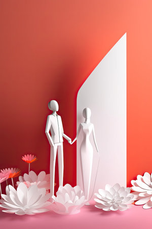 Wedding and event invitation design. Stylized  bride and groom character.  Romantic and pastel hues. Invitation, wedding, marriage, ceremoni. AI generativeの素材