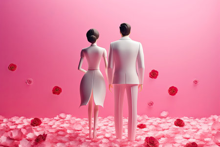 Wedding and event invitation design. Stylized  bride and groom character.  Romantic and pastel hues. Invitation, wedding, marriage, ceremoni. AI generativeの素材