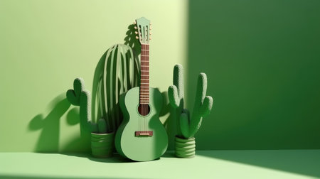Design for Mexican holiday Cinco De Mayo. Modern Cactus, guitar on pastel color, template background. AI Generativeの素材