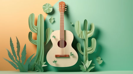 Design for Mexican holiday Cinco De Mayo. Modern Cactus, guitar on pastel color, template background. AI Generativeの素材
