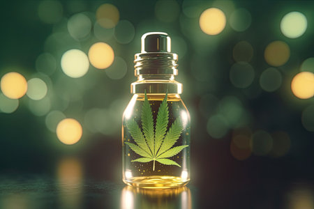 Medicinal cannabis oil extracts in jars and green cannabis leaves, alternative medicine. Different glass bottles with CBD OIL. AI generativeの素材