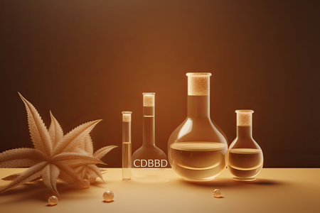 Medicinal cannabis oil extracts in jars and green cannabis leaves, alternative medicine. Different glass bottles with CBD OIL. AI generativeの素材