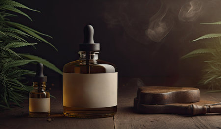 Medicinal cannabis oil extracts in jars and green cannabis leaves, alternative medicine. Different glass bottles with CBD OIL. AI generativeの素材