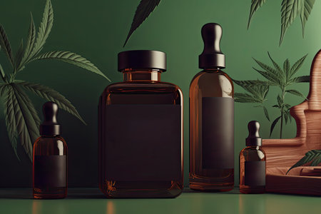 Medicinal cannabis oil extracts in jars and green cannabis leaves, alternative medicine. Different glass bottles with CBD OIL. AI generativeの素材
