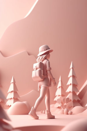 Happy tourist girl  with backpack is ready for adventure. Travel and tourism. Hiking. AI generativeの素材