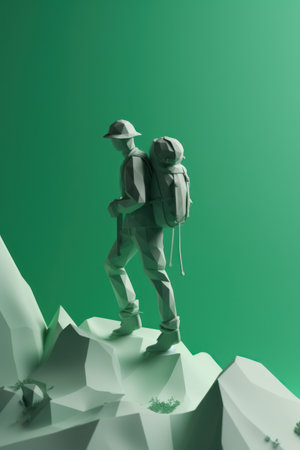 Man with backpack enjoys mountain view and nature. Sports, outdoor recreation, adventures in nature, vacation. Wilderness, adventure travel concept. AI generativeの素材