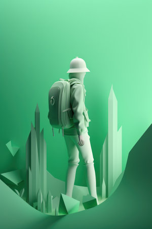 Man with backpack enjoys mountain view and nature. Sports, outdoor recreation, adventures in nature, vacation. Wilderness, adventure travel concept. AI generativeの素材