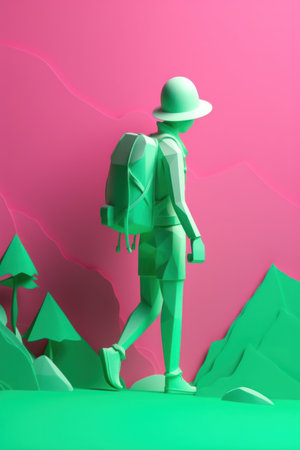 Man with backpack enjoys mountain view and nature. Sports, outdoor recreation, adventures in nature, vacation. Wilderness, adventure travel concept. AI generativeの素材