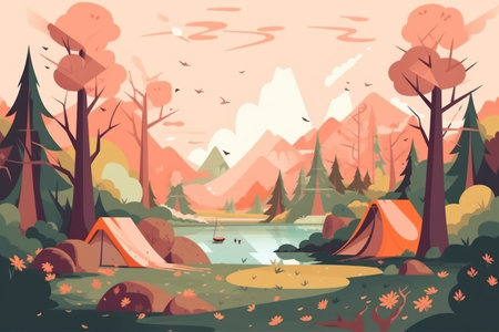 Nature landscape, poster design. Sunset camp with tents, pine forest, rocky mountains and lake. Travellers silhouettes Ai generative illustrationの素材