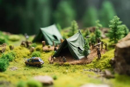 Miniature tent, tree and camper on green backdrop. Minimal camping concept. Nativity scene in the forest. Selective focus. AI generativeの素材