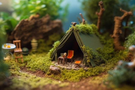 Miniature tent, tree and camper on green backdrop. Minimal camping concept. Nativity scene in the forest. Selective focus. AI generativeの素材