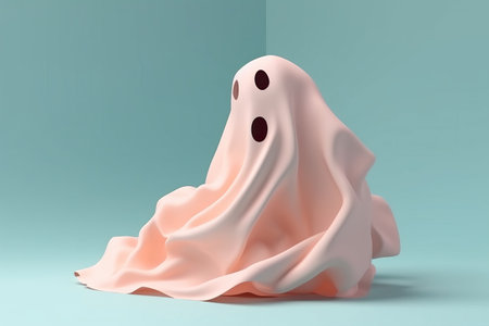 Cute friendly Ghost. Happy Halloween banner or party invitation. Pastel. Ai generative.の素材