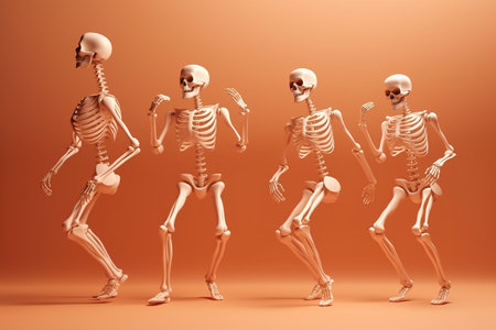 Funny group of dancing  cartoon skeletons. Halloween party invitation card. AI generativeの素材