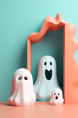 Happy halloween party greeting card with cute ghosts. Holidays cartoon character. Pastel color. illustation for content, banner, poster, greeting card. AI generativeの素材