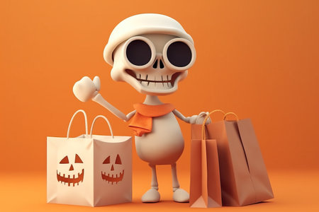 Funny skeleton hold shopper bags party preparation. Email marketing web banner. Celebrating Halloween or Day of the dead. Black fridayの素材