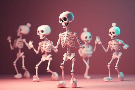 Funny group of dancing  cartoon skeletons. Halloween party invitation card. AI generativeの素材