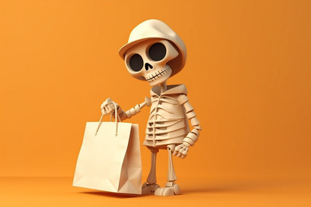 Funny skeleton hold shopper bags party preparation. Email marketing web banner. Celebrating Halloween or Day of the dead. Black fridayの素材
