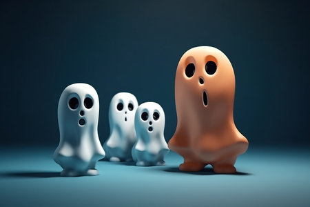 Happy halloween party greeting card with cute ghosts. Holidays cartoon character. Pastel color. illustation for content, banner, poster, greeting card. AI generativeの素材