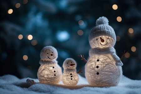 Decorative  funny  figures of a snowmans  in winter Christmas festive landscape with lights. AI generativeの素材