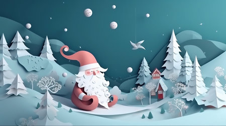 Paper Santa in amazing fairy christmas and magical forest. Merry Christmas and Happy New Year. Christmas sale. Holiday background. AI generativeの素材