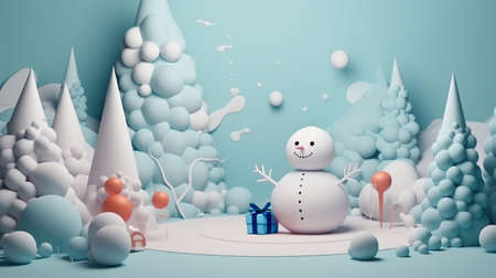 Funny  figure of a snowman  in winter Christmas festive landscape . Merry Christmas and Happy New Year. Christmas sale. Holiday background. AI generativeの素材
