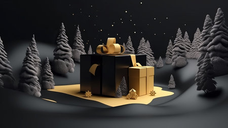 Gift box in winter Christmas festive landscape . Merry Christmas and Happy New Year. Christmas sale. Holiday background. AI generativeの素材