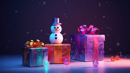 Decorative  funny figures of a snowmans  gift boxes with lights. Christmas sale. Holiday background. AI generativeの素材