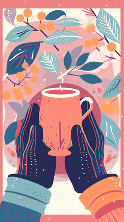 Woman hands in gloves holding a cozy mug with hot winter drink.  Seasonal card. Ai generativeの素材