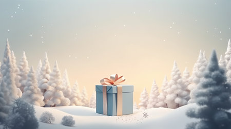 Gift box in winter Christmas festive landscape . Merry Christmas and Happy New Year. Christmas sale. Holiday background. AI generativeの素材