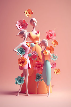 Colourful bright group of  girls cartoon character. Copy space for your text. Minimal idea concept. AI generativeの素材