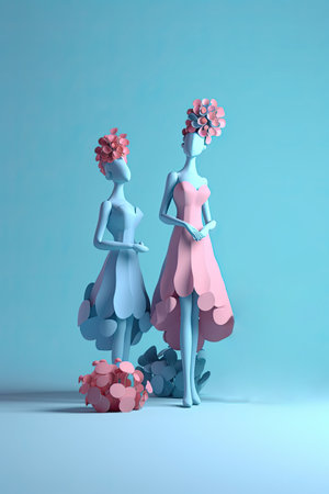 Colourful bright group of  girls cartoon character. Copy space for your text. Minimal idea concept. AI generativeの素材