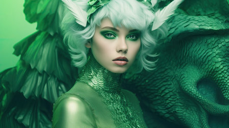 A portrait of a fairy-tale mystical girl in a green costume  Celebrating the New Year of the Dragon. AI generativeの素材