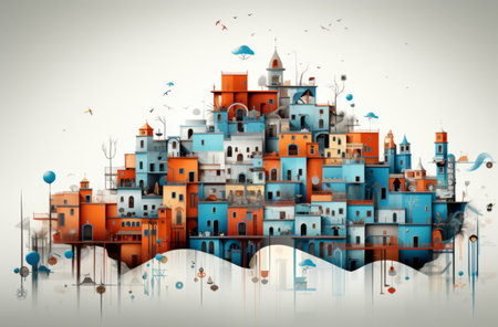 A vibrant and dynamic painting capturing the essence of a bustling city, filled with towering buildings and a myriad of colorful street scenes. Each brushstroke brings to life the energy and diversity of urban livingの素材