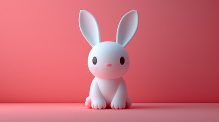 A toy white rabbit sits confidently on a smooth pink surface, looking around with a curious expression. Generative AIの素材