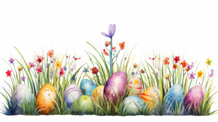 A painting featuring a row of decorative Easter eggs, each painted with intricate designs and vibrant colors. The eggs are neatly lined up, showcasing the variety of patterns and details on each one.. Generative AIの素材