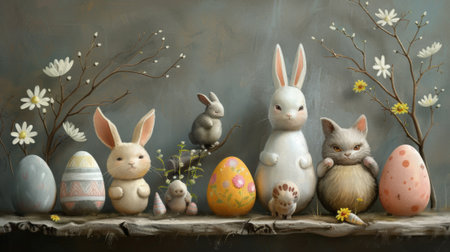 Easter bunnies and easter eggs on a wooden shelfの素材